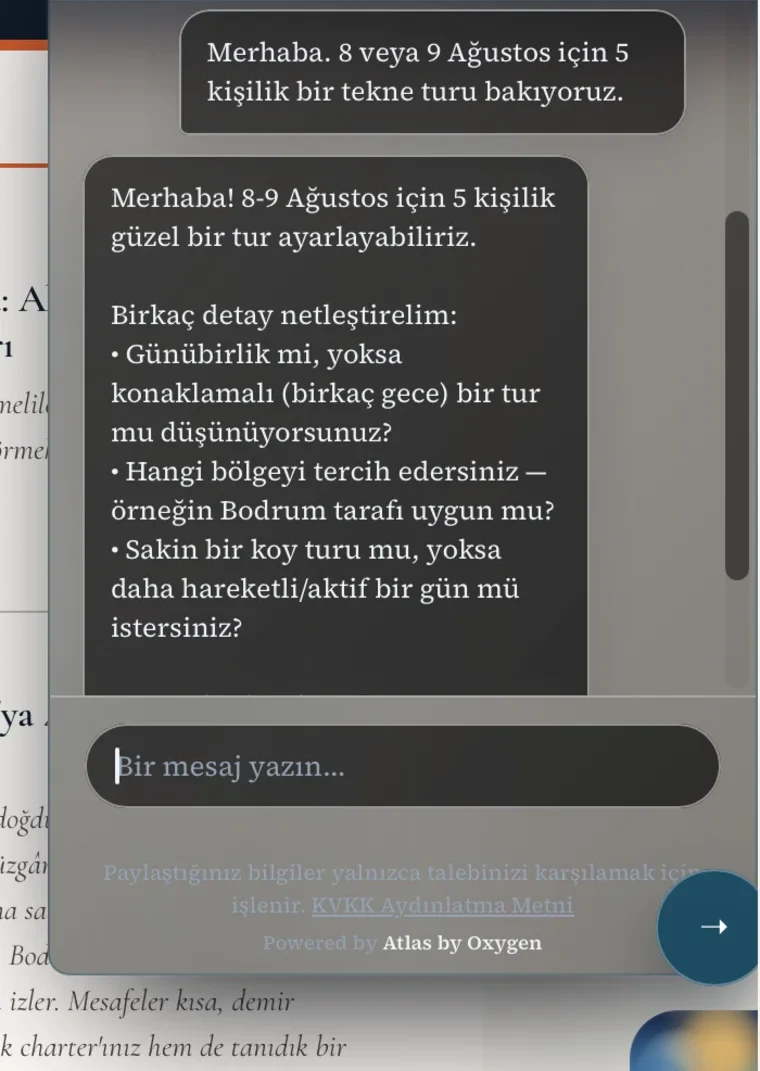 Oxygen Yachting web Concierge — misafir fiyat yapısını soruyor, markanın sesiyle cevap alıyor