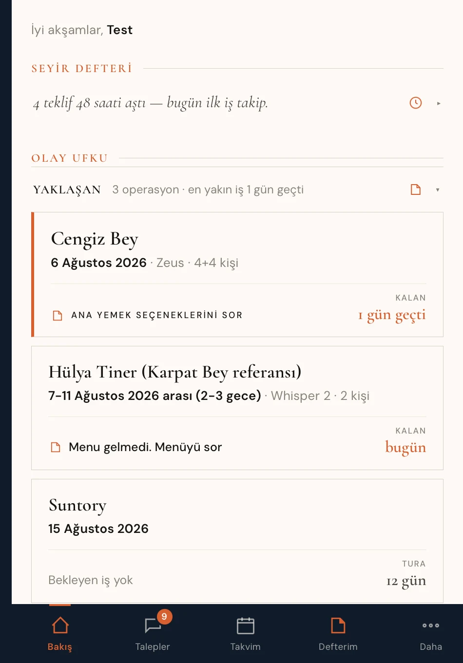 Atlas Acente Panosu — Seyir Defteri, müsaitlik ve Olay Ufku tek bakışta